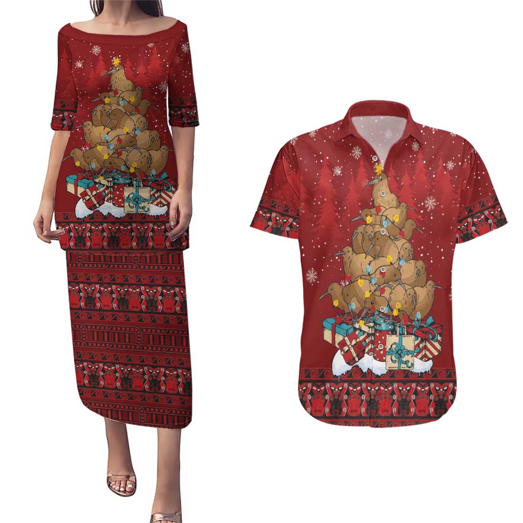 Funny Kiwi Bird Xmas Tree Couples Matching Puletasi and Hawaiian Shirt New Zealand Tribal Christmas Spirit - Polynesian Pride