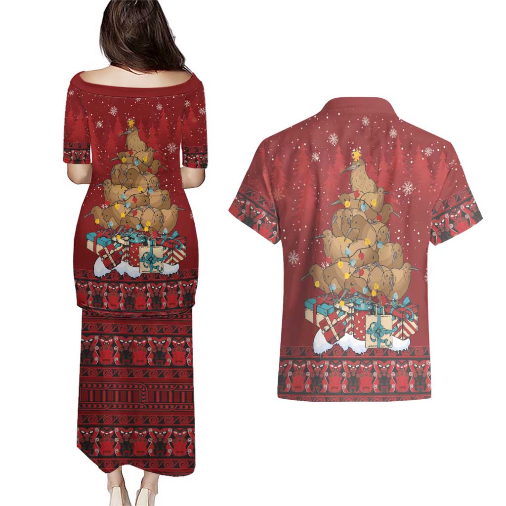 Funny Kiwi Bird Xmas Tree Couples Matching Puletasi and Hawaiian Shirt New Zealand Tribal Christmas Spirit - Polynesian Pride