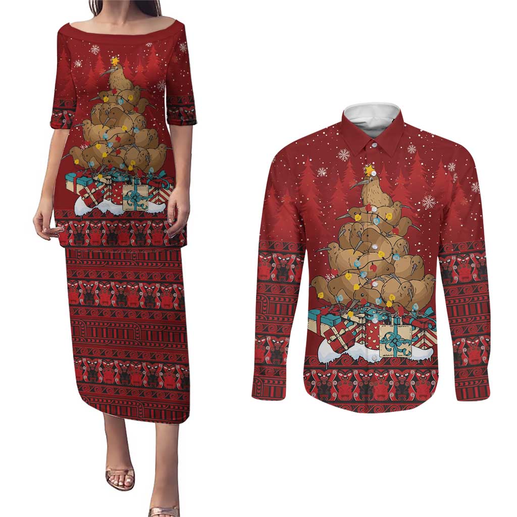 Funny Kiwi Bird Xmas Tree Couples Matching Puletasi and Long Sleeve Button Shirt New Zealand Tribal Christmas Spirit - Polynesian Pride