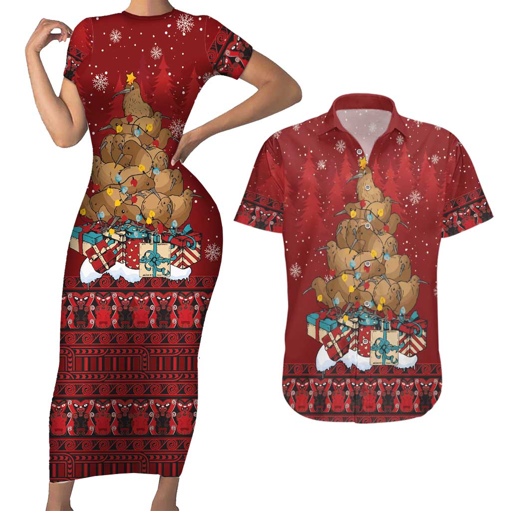 Funny Kiwi Bird Xmas Tree Couples Matching Short Sleeve Bodycon Dress and Hawaiian Shirt New Zealand Tribal Christmas Spirit LT9 Red - Polynesian Pride