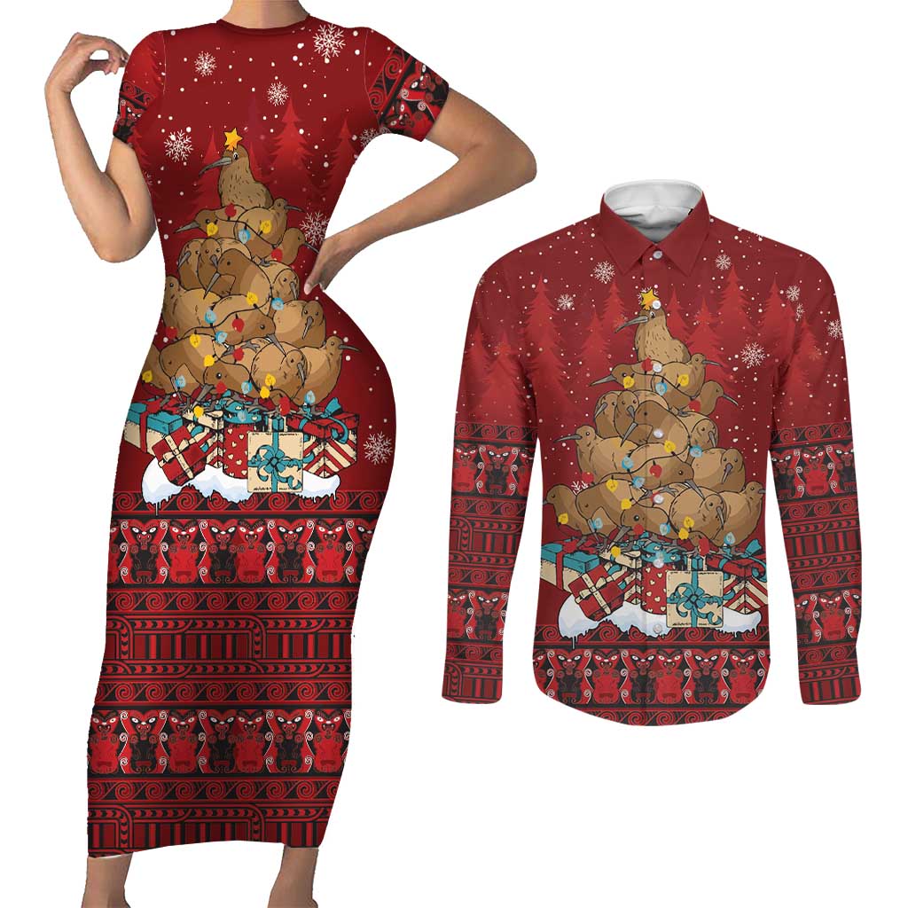 Funny Kiwi Bird Xmas Tree Couples Matching Short Sleeve Bodycon Dress and Long Sleeve Button Shirt New Zealand Tribal Christmas Spirit - Polynesian Pride