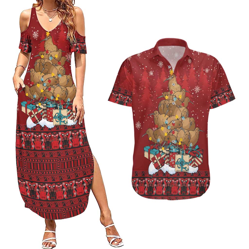Funny Kiwi Bird Xmas Tree Couples Matching Summer Maxi Dress and Hawaiian Shirt New Zealand Tribal Christmas Spirit - Polynesian Pride