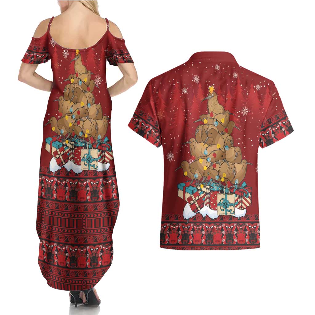 Funny Kiwi Bird Xmas Tree Couples Matching Summer Maxi Dress and Hawaiian Shirt New Zealand Tribal Christmas Spirit - Polynesian Pride
