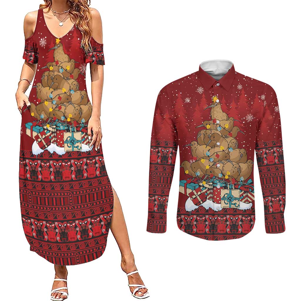 Funny Kiwi Bird Xmas Tree Couples Matching Summer Maxi Dress and Long Sleeve Button Shirt New Zealand Tribal Christmas Spirit - Polynesian Pride