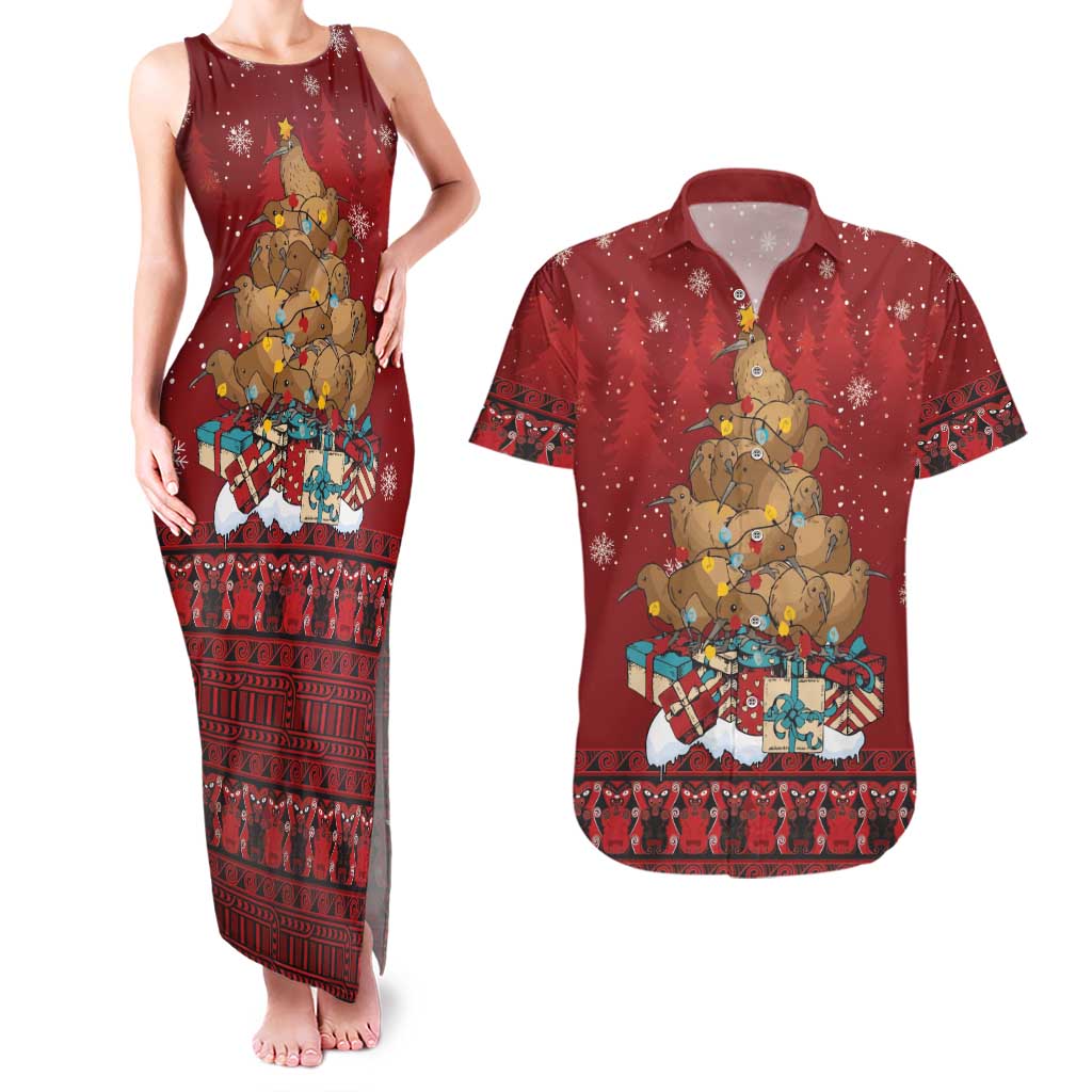 Funny Kiwi Bird Xmas Tree Couples Matching Tank Maxi Dress and Hawaiian Shirt New Zealand Tribal Christmas Spirit - Polynesian Pride