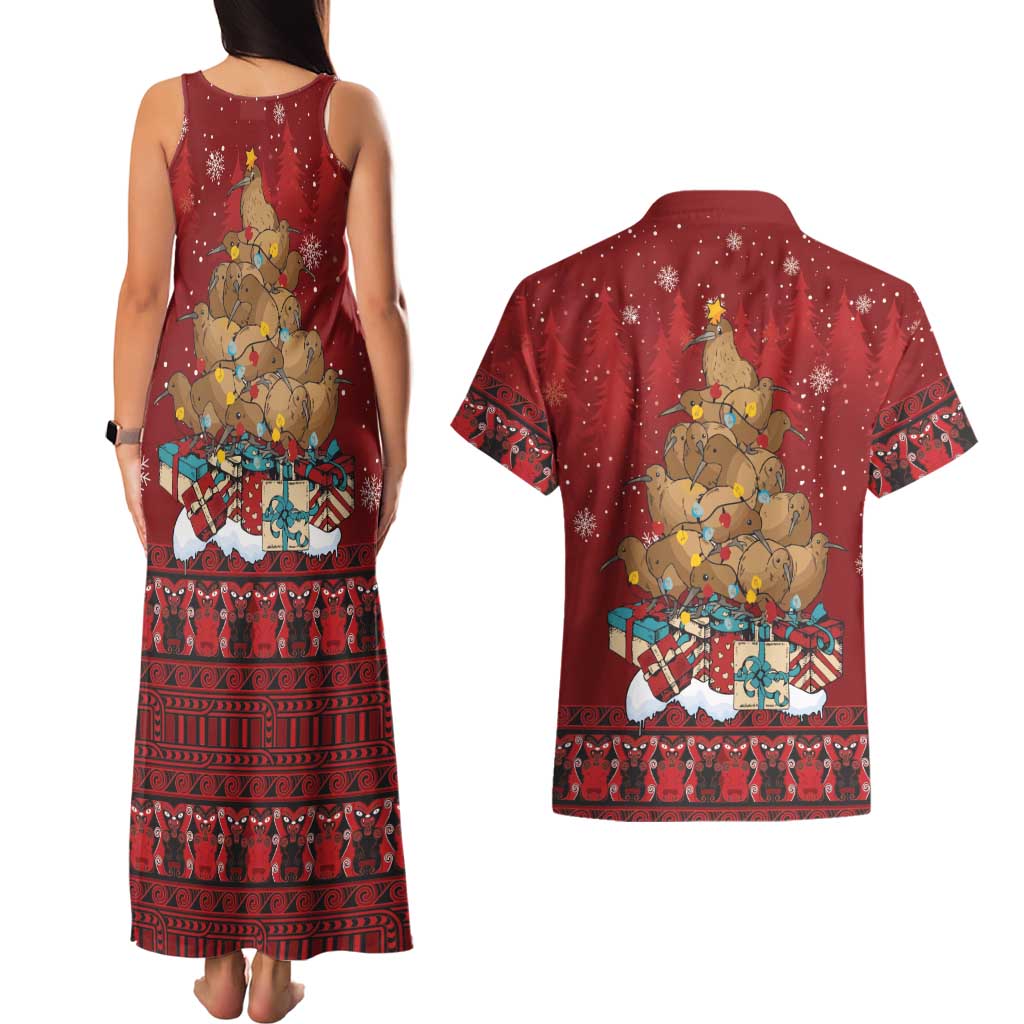 Funny Kiwi Bird Xmas Tree Couples Matching Tank Maxi Dress and Hawaiian Shirt New Zealand Tribal Christmas Spirit - Polynesian Pride