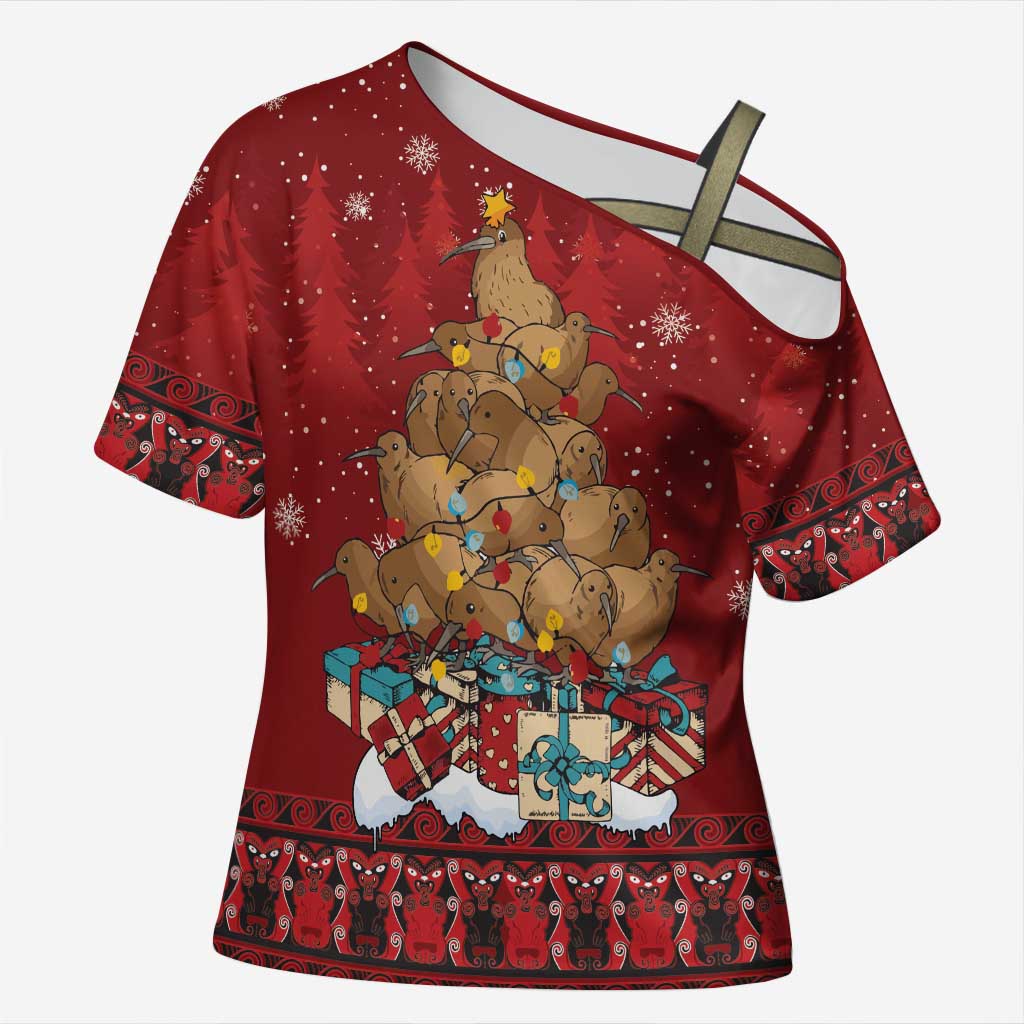 Funny Kiwi Bird Xmas Tree Cross Shoulder Shirt New Zealand Tribal Christmas Spirit - Polynesian Pride