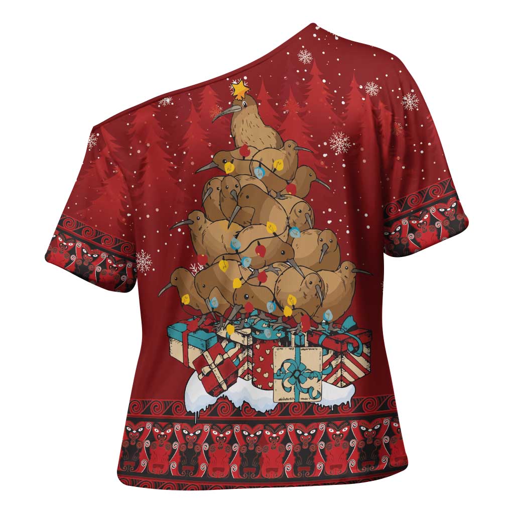 Funny Kiwi Bird Xmas Tree Cross Shoulder Shirt New Zealand Tribal Christmas Spirit - Polynesian Pride