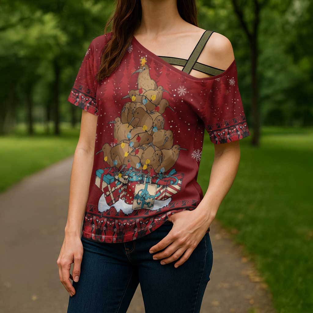 Funny Kiwi Bird Xmas Tree Cross Shoulder Shirt New Zealand Tribal Christmas Spirit - Polynesian Pride