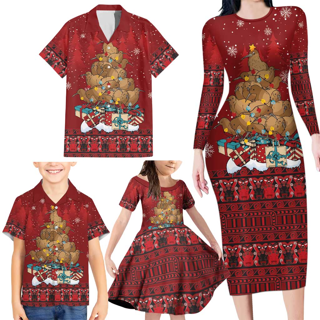 Funny Kiwi Bird Xmas Tree Family Matching Long Sleeve Bodycon Dress and Hawaiian Shirt New Zealand Tribal Christmas Spirit - Polynesian Pride