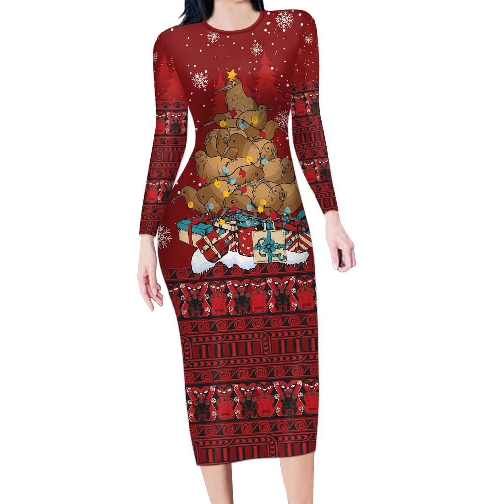 Funny Kiwi Bird Xmas Tree Family Matching Long Sleeve Bodycon Dress and Hawaiian Shirt New Zealand Tribal Christmas Spirit - Polynesian Pride