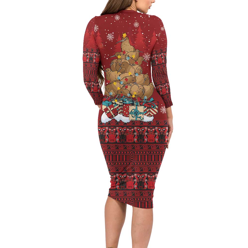 Funny Kiwi Bird Xmas Tree Family Matching Long Sleeve Bodycon Dress and Hawaiian Shirt New Zealand Tribal Christmas Spirit - Polynesian Pride