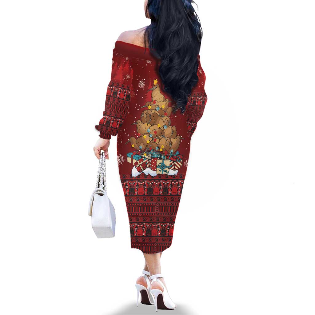 Funny Kiwi Bird Xmas Tree Family Matching Off The Shoulder Long Sleeve Dress and Hawaiian Shirt New Zealand Tribal Christmas Spirit - Polynesian Pride