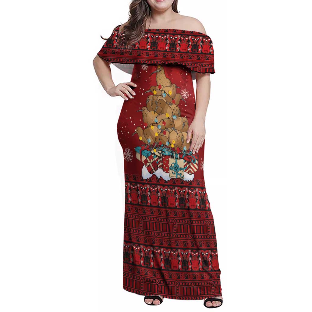 Funny Kiwi Bird Xmas Tree Family Matching Off Shoulder Maxi Dress and Hawaiian Shirt New Zealand Tribal Christmas Spirit - Polynesian Pride