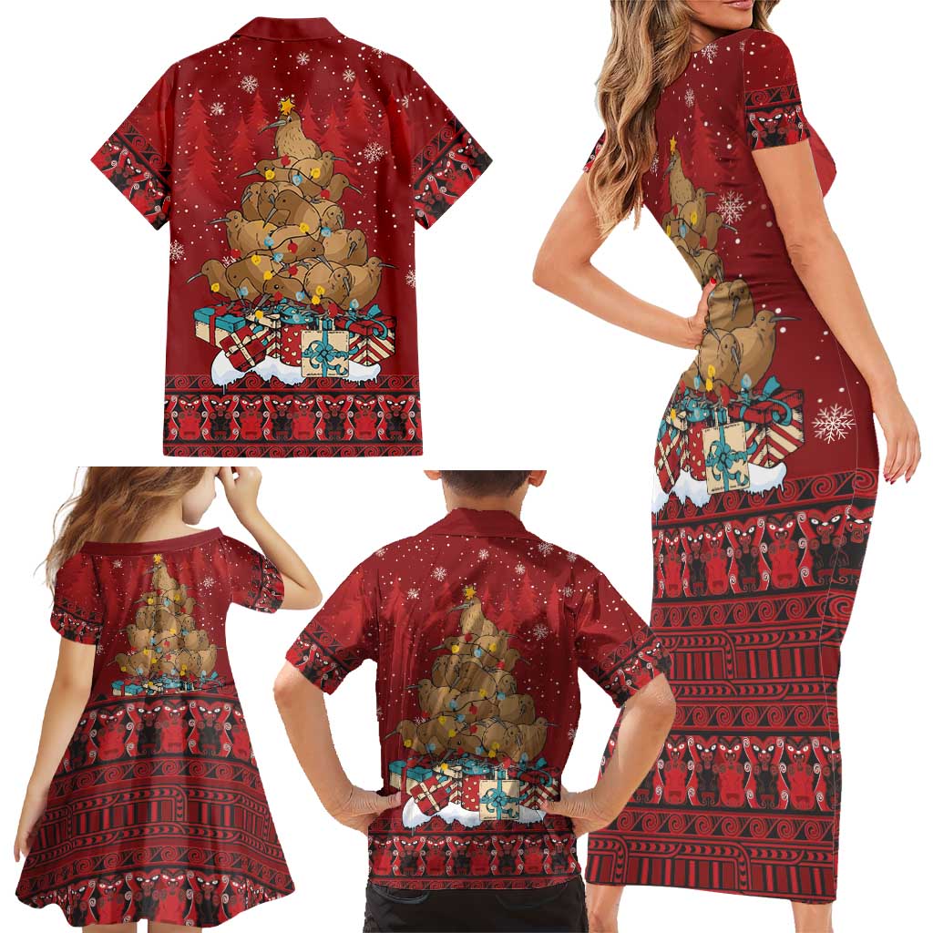 Funny Kiwi Bird Xmas Tree Family Matching Short Sleeve Bodycon Dress and Hawaiian Shirt New Zealand Tribal Christmas Spirit - Polynesian Pride