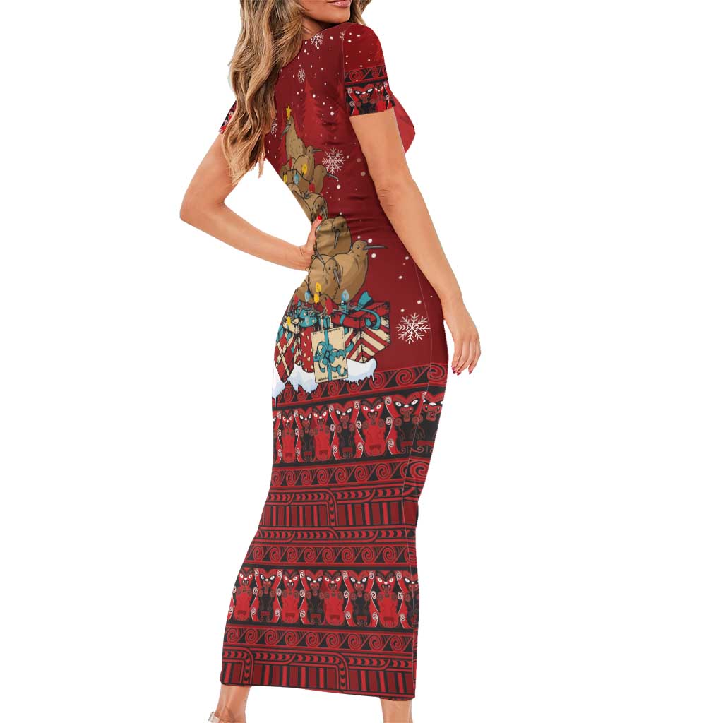 Funny Kiwi Bird Xmas Tree Family Matching Short Sleeve Bodycon Dress and Hawaiian Shirt New Zealand Tribal Christmas Spirit - Polynesian Pride