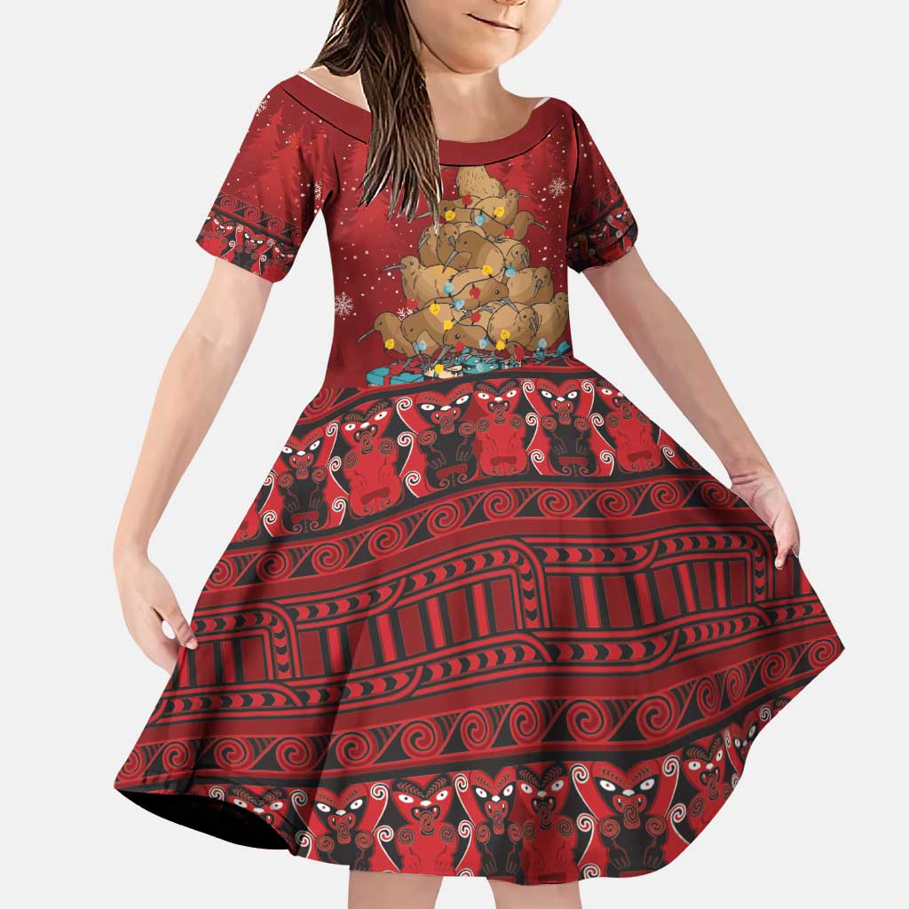Funny Kiwi Bird Xmas Tree Family Matching Summer Maxi Dress and Hawaiian Shirt New Zealand Tribal Christmas Spirit LT9 Daughter's Dress Red - Polynesian Pride