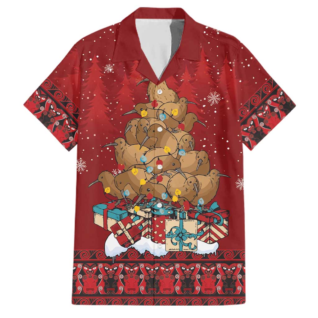 Funny Kiwi Bird Xmas Tree Family Matching Summer Maxi Dress and Hawaiian Shirt New Zealand Tribal Christmas Spirit LT9 Dad's Shirt - Short Sleeve Red - Polynesian Pride