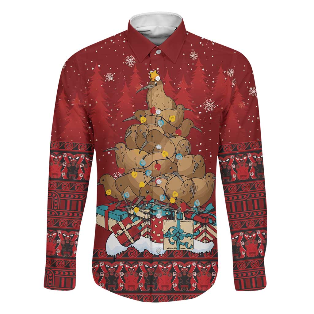 Funny Kiwi Bird Xmas Tree Family Matching Summer Maxi Dress and Hawaiian Shirt New Zealand Tribal Christmas Spirit LT9 Dad's Shirt - Long Sleeve Red - Polynesian Pride