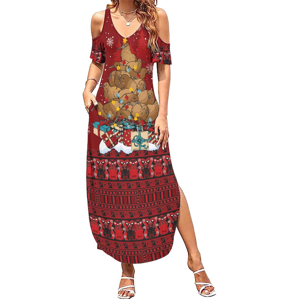 Funny Kiwi Bird Xmas Tree Family Matching Summer Maxi Dress and Hawaiian Shirt New Zealand Tribal Christmas Spirit LT9 Mom's Dress Red - Polynesian Pride