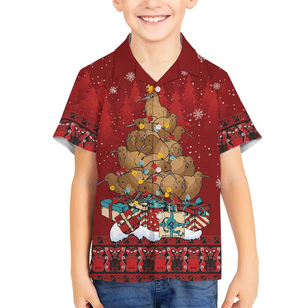 Funny Kiwi Bird Xmas Tree Family Matching Summer Maxi Dress and Hawaiian Shirt New Zealand Tribal Christmas Spirit LT9 Son's Shirt Red - Polynesian Pride