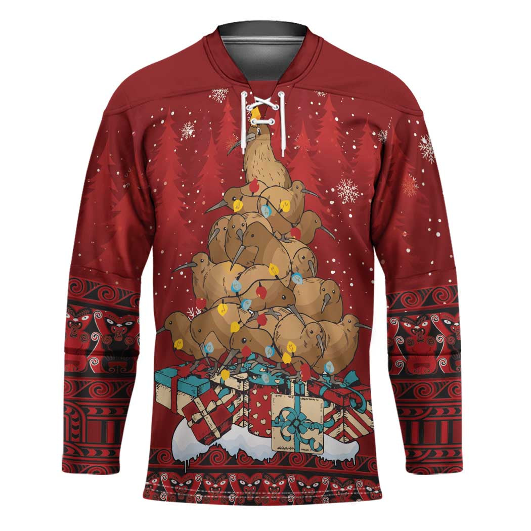 Funny Kiwi Bird Xmas Tree Hockey Jersey New Zealand Tribal Christmas Spirit - Polynesian Pride