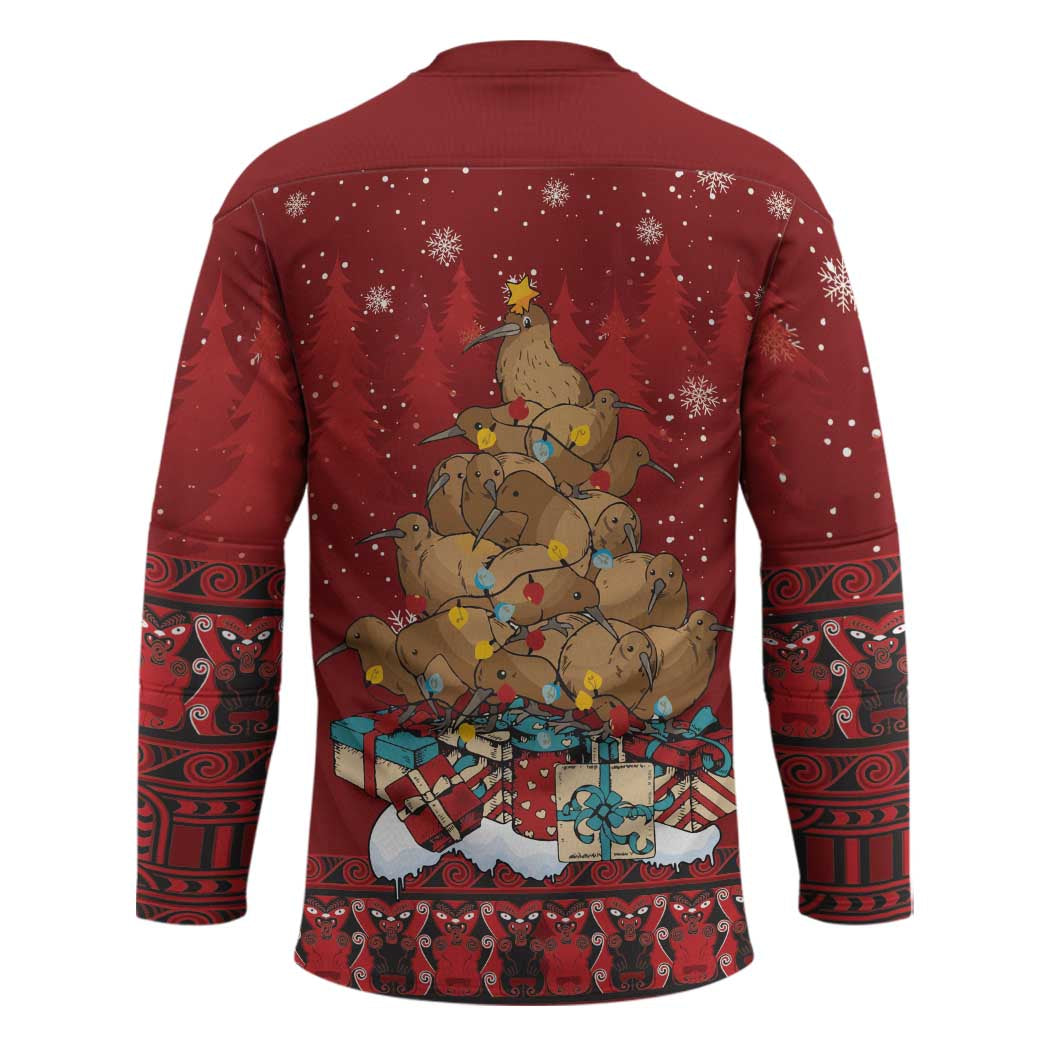 Funny Kiwi Bird Xmas Tree Hockey Jersey New Zealand Tribal Christmas Spirit - Polynesian Pride