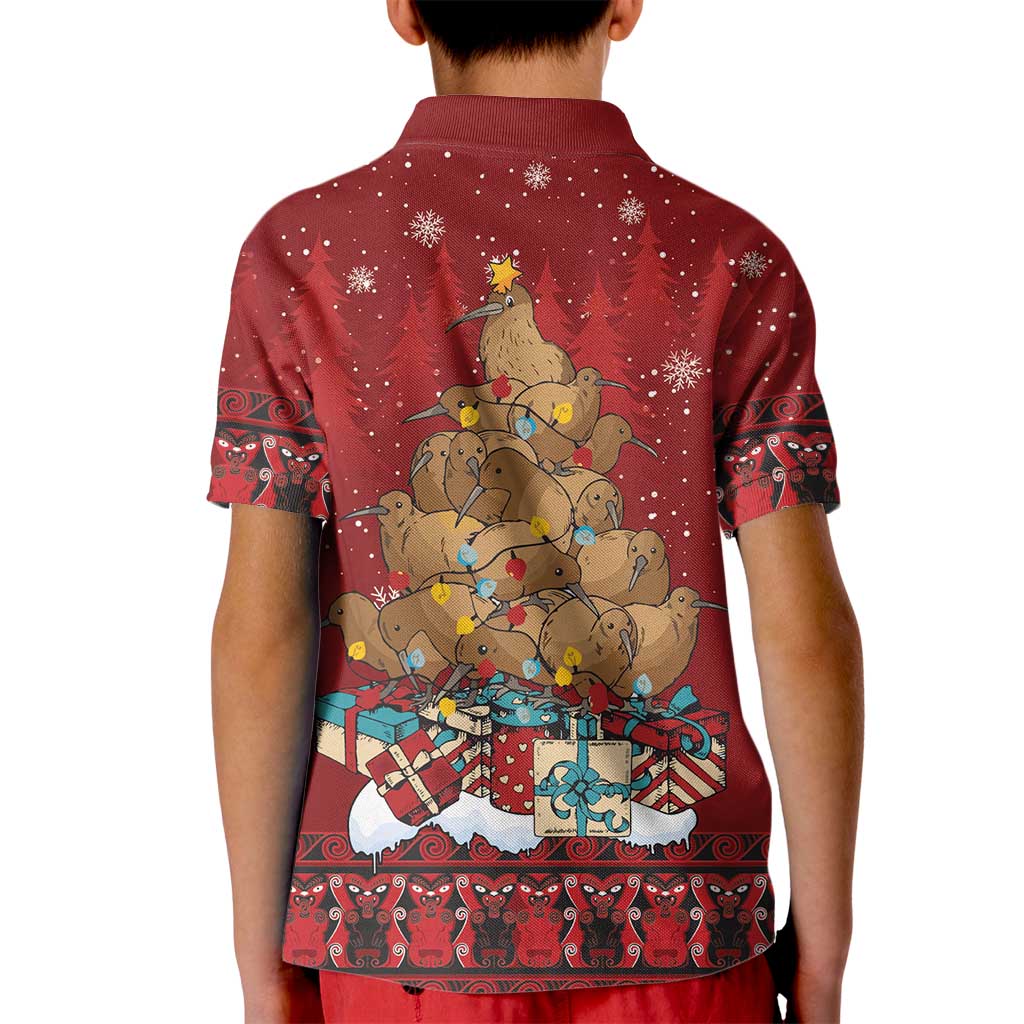 Funny Kiwi Bird Xmas Tree Kid Polo Shirt New Zealand Tribal Christmas Spirit - Polynesian Pride