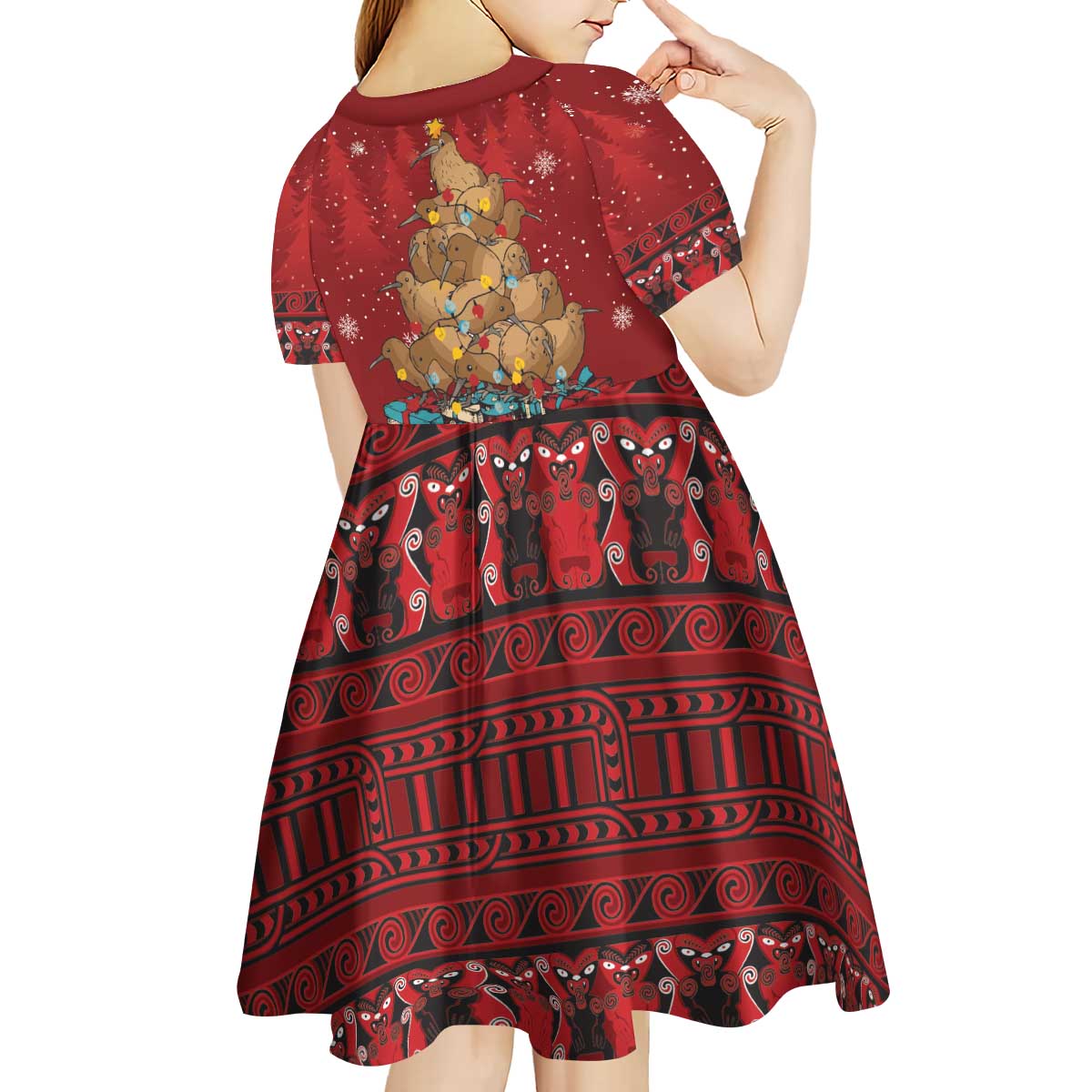 Funny Kiwi Bird Xmas Tree Kid Short Sleeve Dress New Zealand Tribal Christmas Spirit - Polynesian Pride