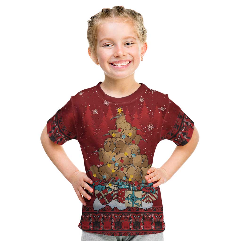 Funny Kiwi Bird Xmas Tree Kid T Shirt New Zealand Tribal Christmas Spirit - Polynesian Pride