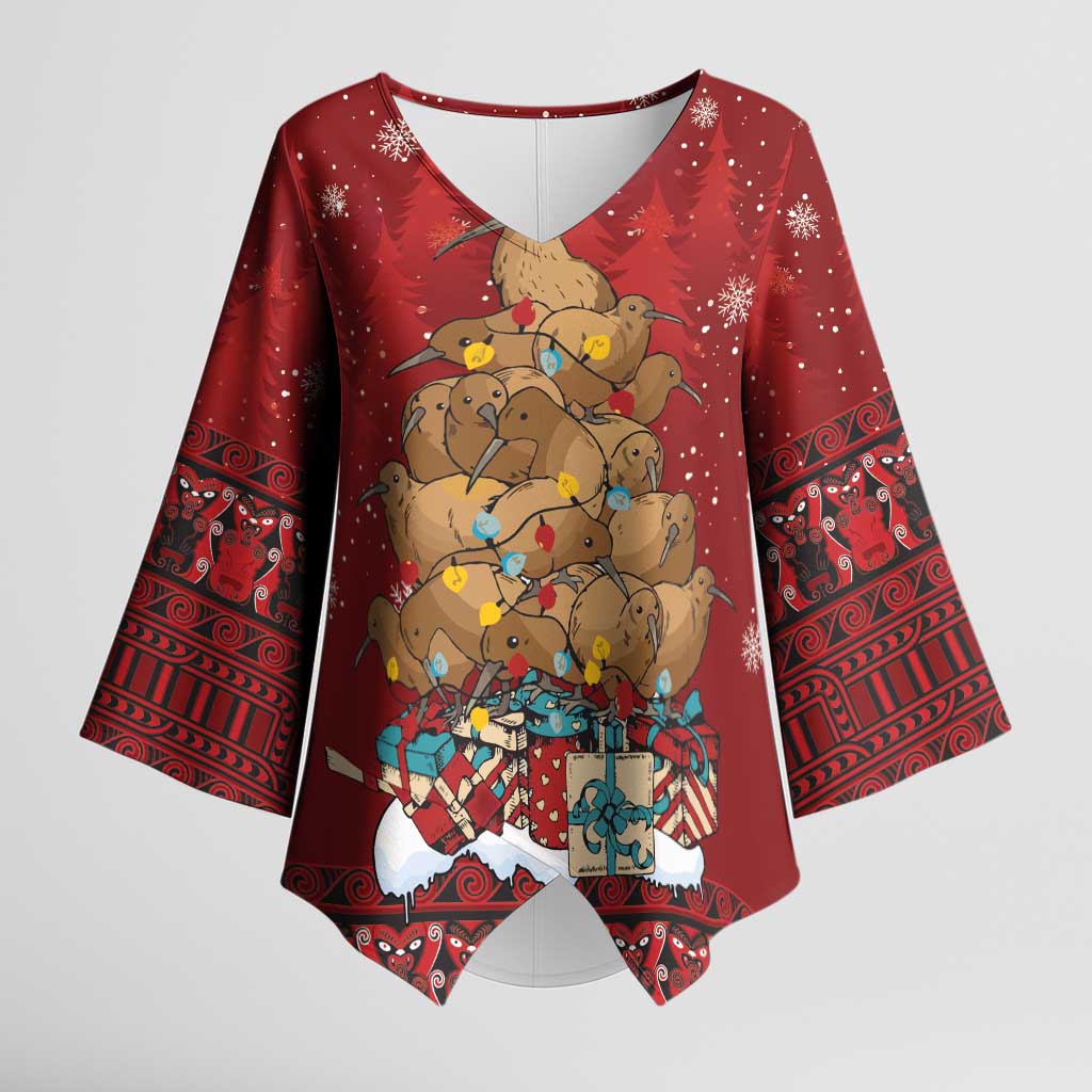 Funny Kiwi Bird Xmas Tree Kimono Sleeve Blouse New Zealand Tribal Christmas Spirit - Polynesian Pride