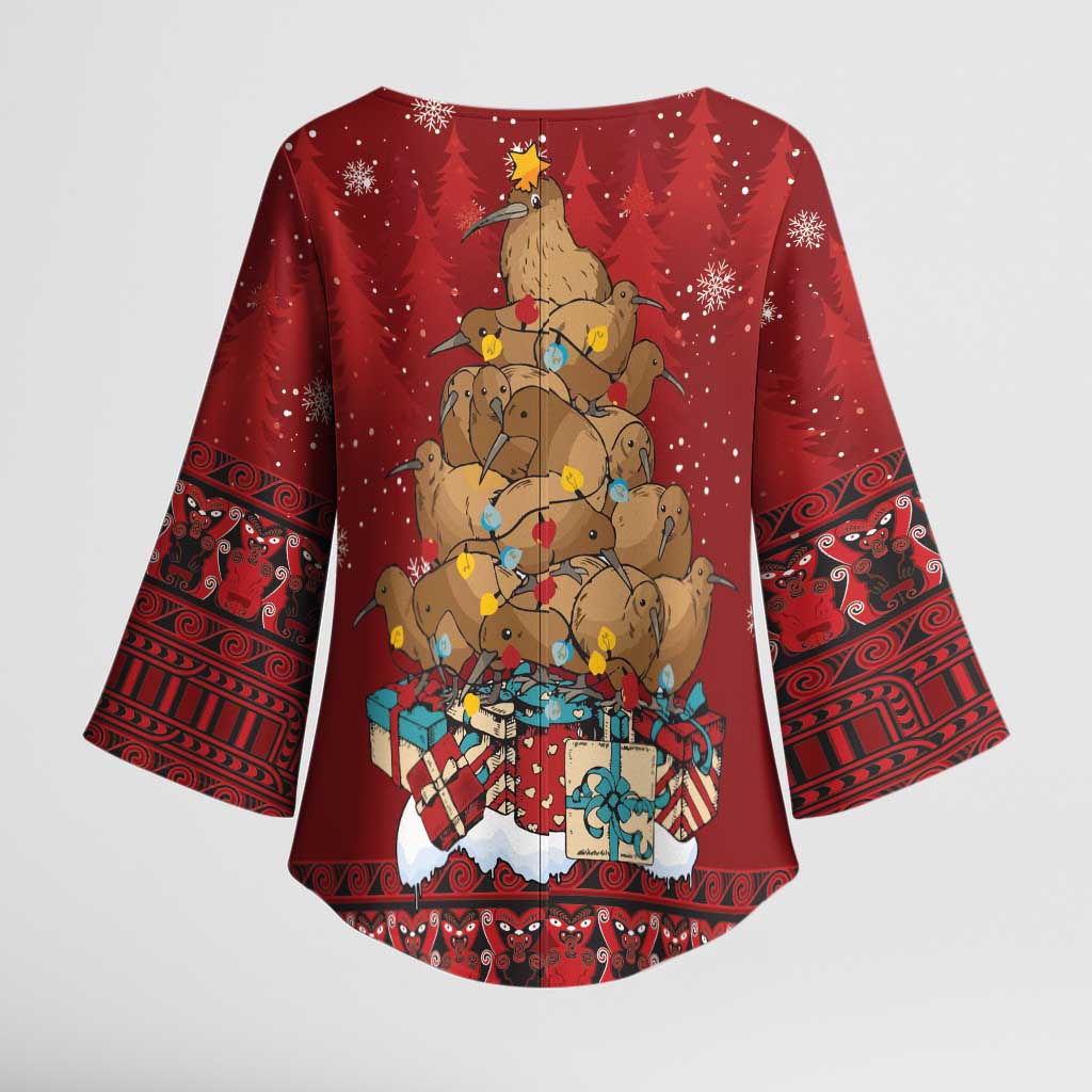 Funny Kiwi Bird Xmas Tree Kimono Sleeve Blouse New Zealand Tribal Christmas Spirit - Polynesian Pride