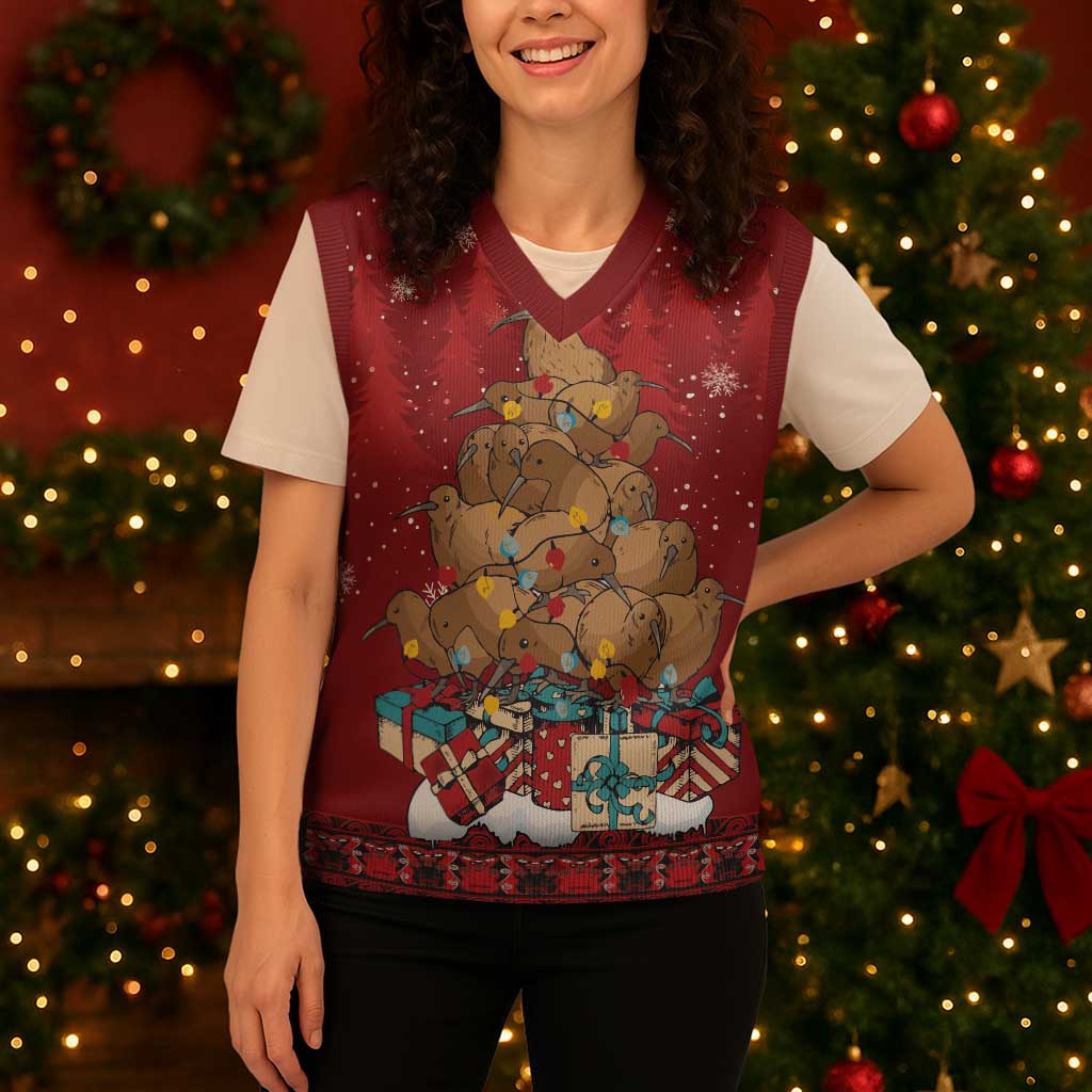 Funny Kiwi Bird Xmas Tree Christmas Knitted V-Neck Vest New Zealand Tribal Christmas Spirit - Polynesian Pride