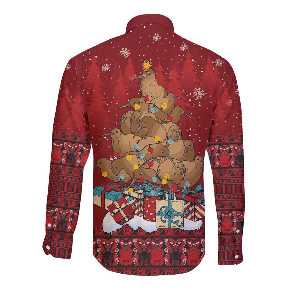 Funny Kiwi Bird Xmas Tree Long Sleeve Button Shirt New Zealand Tribal Christmas Spirit - Polynesian Pride