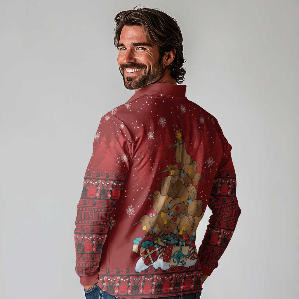 Funny Kiwi Bird Xmas Tree Long Sleeve Polo Shirt New Zealand Tribal Christmas Spirit - Polynesian Pride