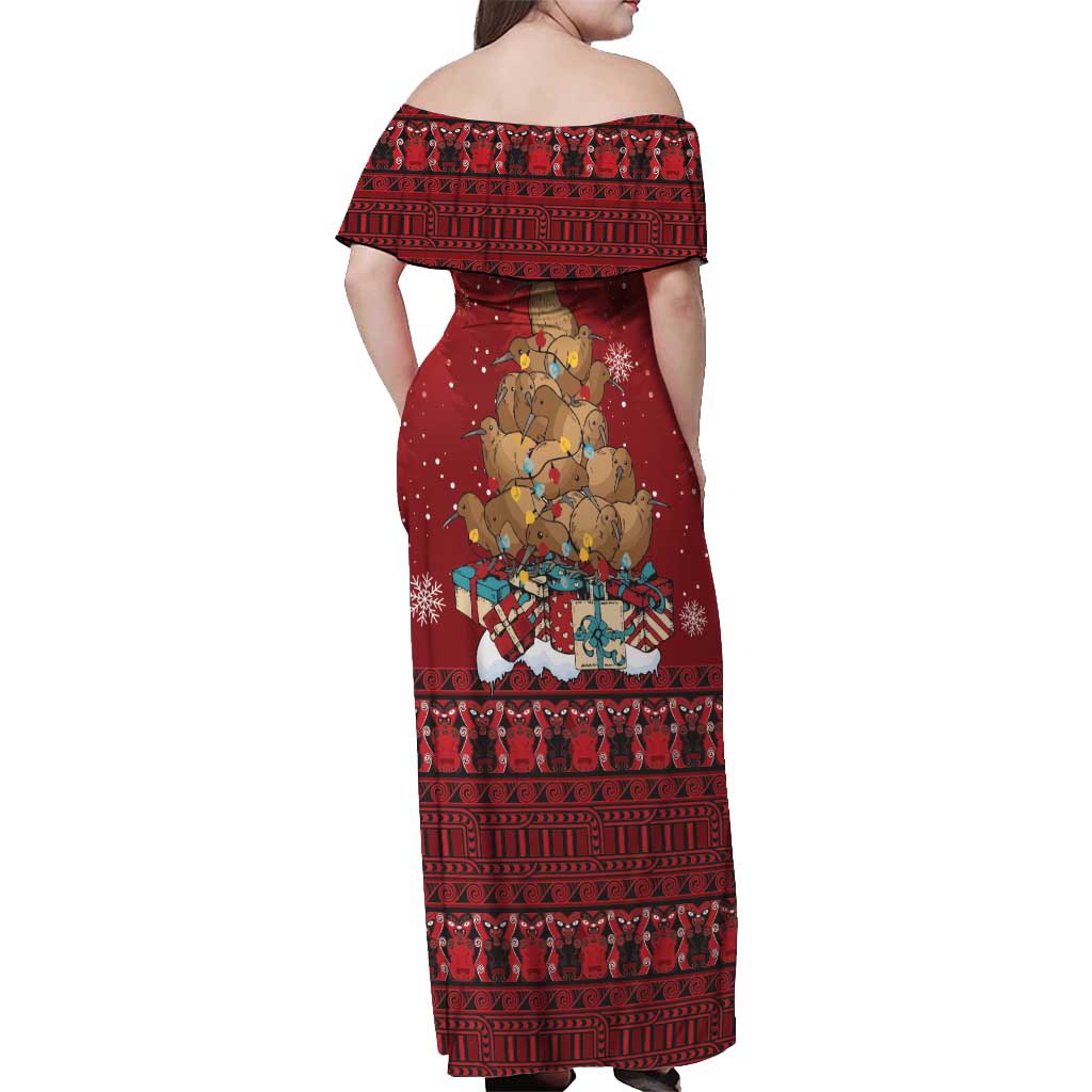 Funny Kiwi Bird Xmas Tree Off Shoulder Maxi Dress New Zealand Tribal Christmas Spirit - Polynesian Pride