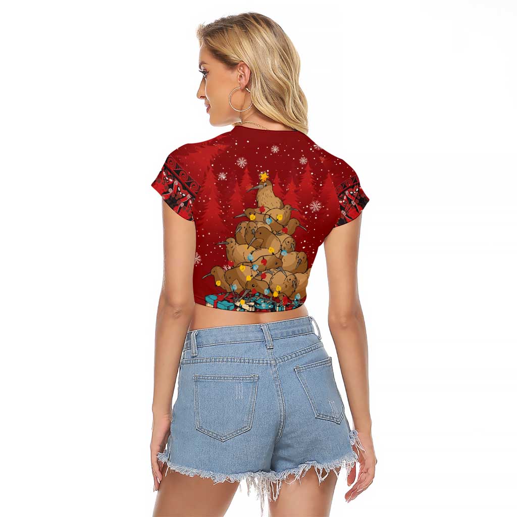 Funny Kiwi Bird Xmas Tree Raglan Cropped T Shirt New Zealand Tribal Christmas Spirit - Polynesian Pride