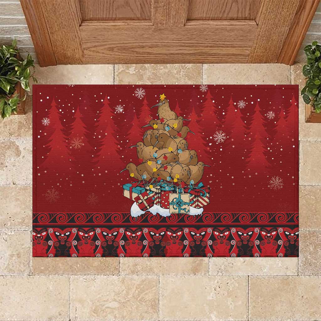 Funny Kiwi Bird Xmas Tree Rubber Doormat New Zealand Tribal Christmas Spirit - Polynesian Pride