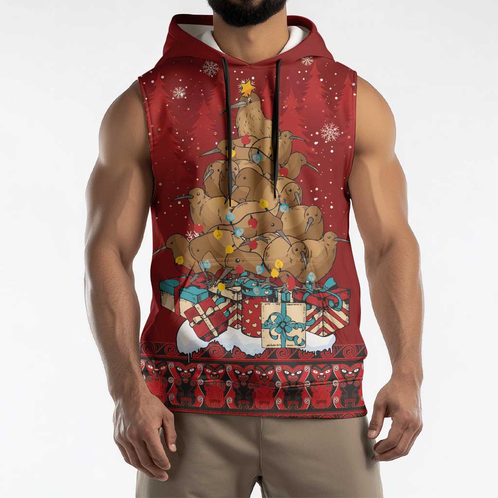 Funny Kiwi Bird Xmas Tree Sleeveless Hoodie New Zealand Tribal Christmas Spirit - Polynesian Pride