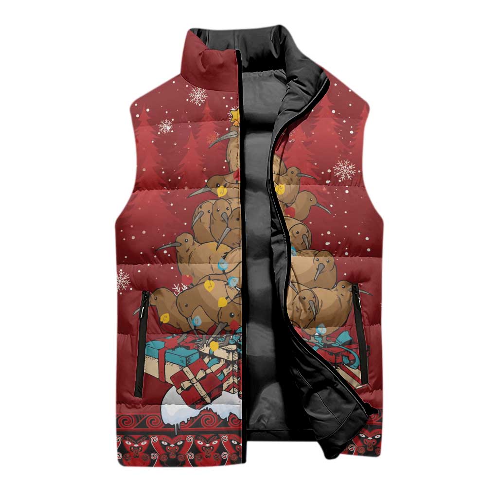 Funny Kiwi Bird Xmas Tree Sleeveless Puffer Jacket New Zealand Tribal Christmas Spirit - Polynesian Pride
