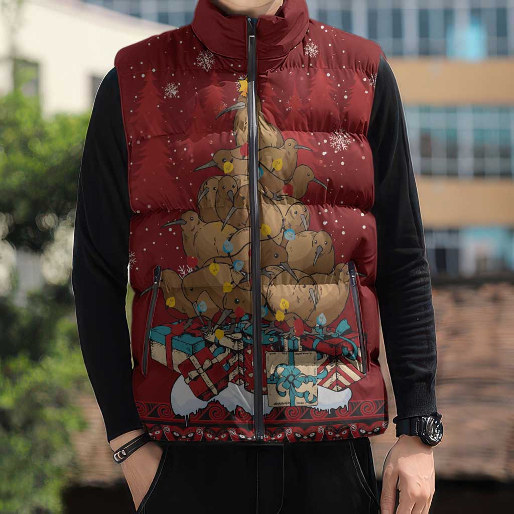 Funny Kiwi Bird Xmas Tree Sleeveless Puffer Jacket New Zealand Tribal Christmas Spirit - Polynesian Pride