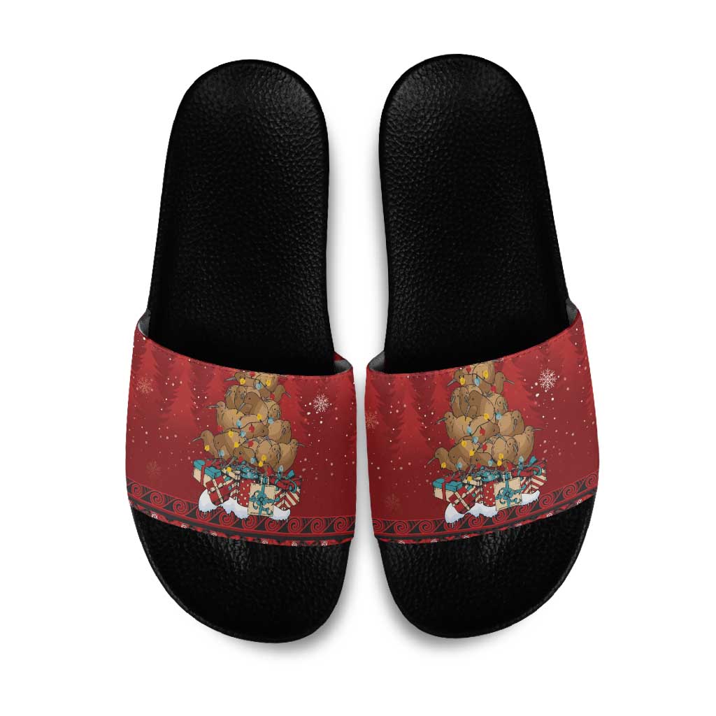 Funny Kiwi Bird Xmas Tree Slide Sandals New Zealand Tribal Christmas Spirit - Polynesian Pride