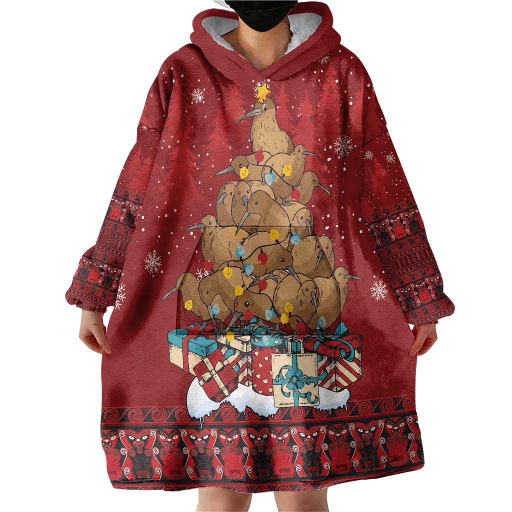 Funny Kiwi Bird Xmas Tree Wearable Blanket Hoodie New Zealand Tribal Christmas Spirit - Polynesian Pride