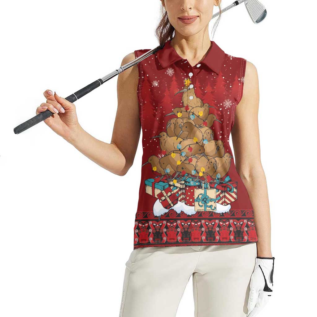 Funny Kiwi Bird Xmas Tree Women Sleeveless Polo Shirt New Zealand Tribal Christmas Spirit - Polynesian Pride