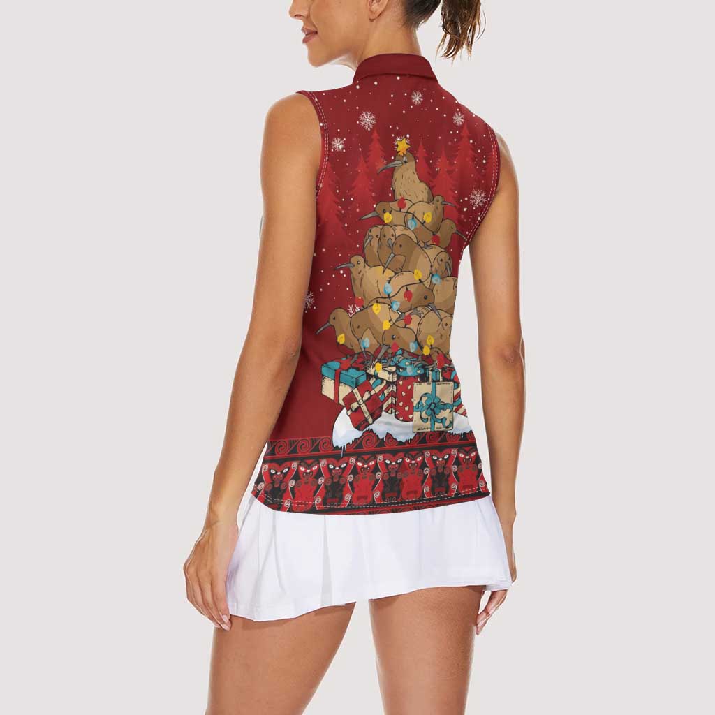 Funny Kiwi Bird Xmas Tree Women Sleeveless Polo Shirt New Zealand Tribal Christmas Spirit - Polynesian Pride