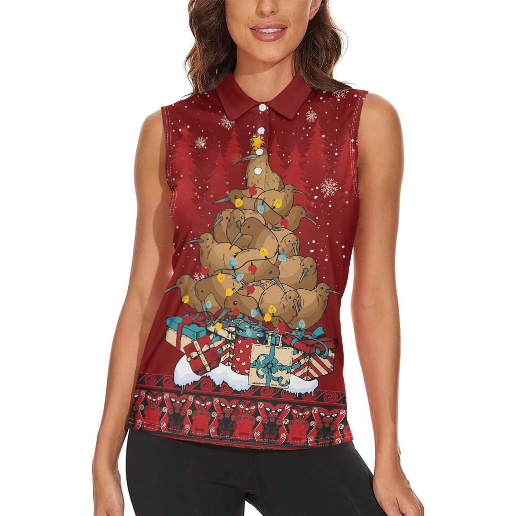 Funny Kiwi Bird Xmas Tree Women Sleeveless Polo Shirt New Zealand Tribal Christmas Spirit - Polynesian Pride