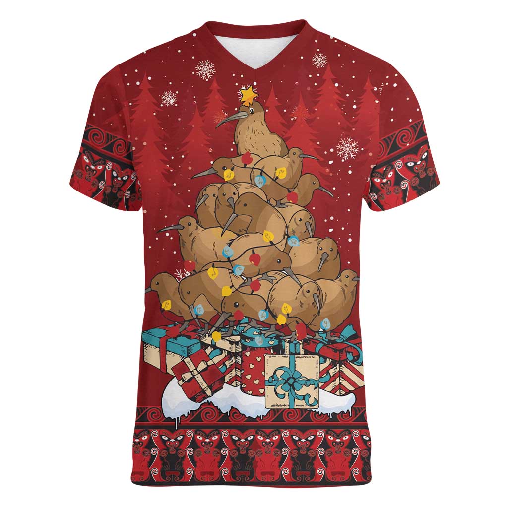 Funny Kiwi Bird Xmas Tree Women V-Neck T-Shirt New Zealand Tribal Christmas Spirit - Polynesian Pride