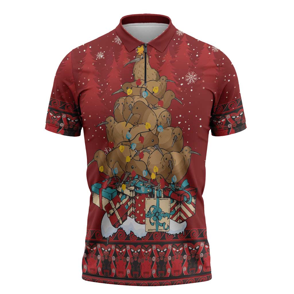 Funny Kiwi Bird Xmas Tree Zipper Polo Shirt New Zealand Tribal Christmas Spirit - Polynesian Pride