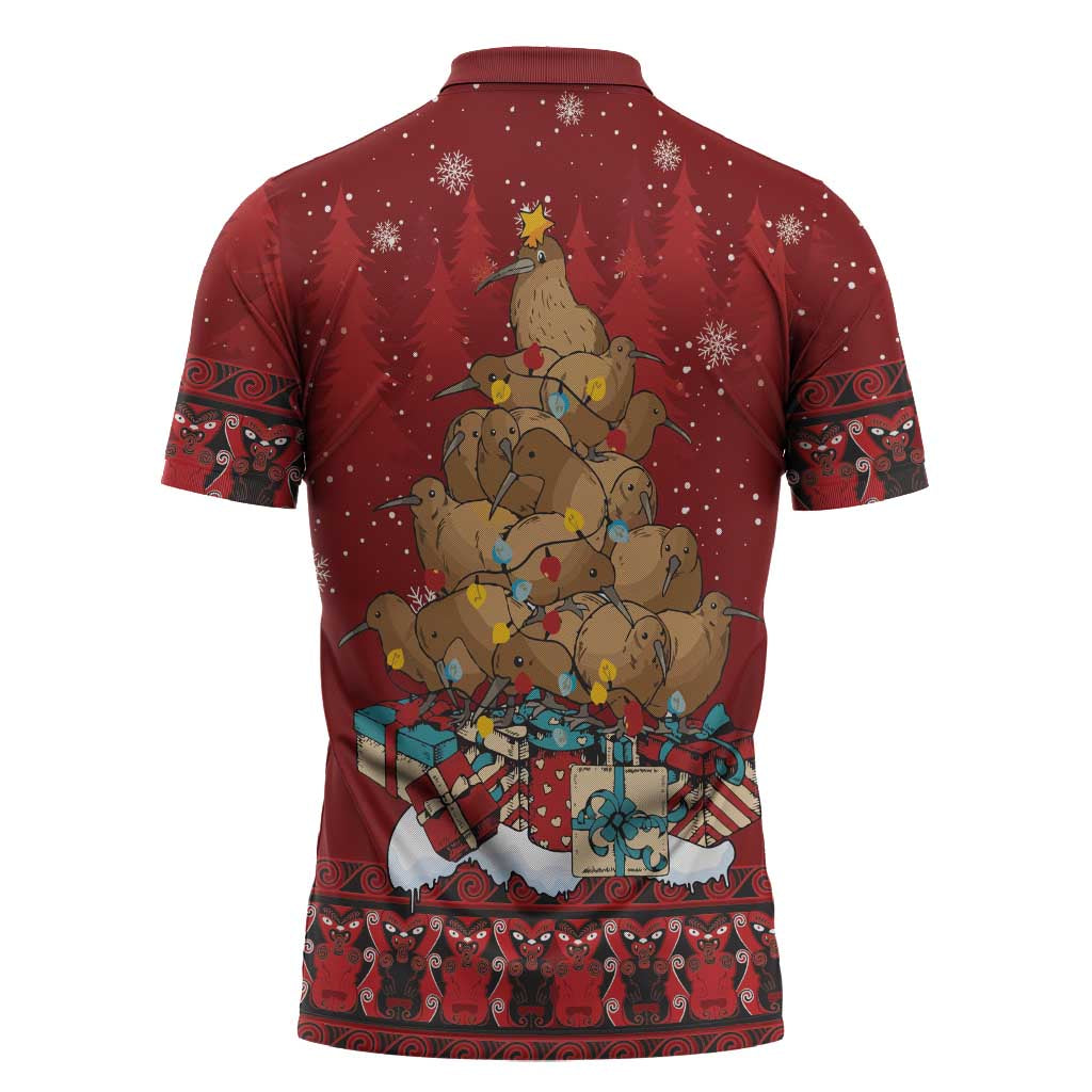 Funny Kiwi Bird Xmas Tree Zipper Polo Shirt New Zealand Tribal Christmas Spirit - Polynesian Pride