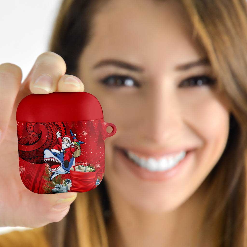 Funny Santa Riding Shark AirPods Case Polynesian Tribal Christmas Spirit - Polynesian Pride